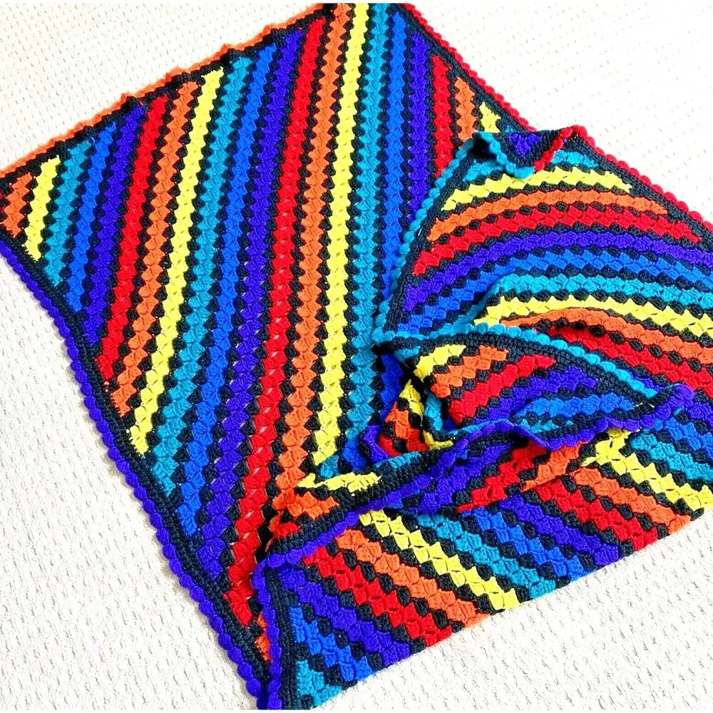 Handmade crochet afghan throw blanket black & bright colors acrylic mod retro